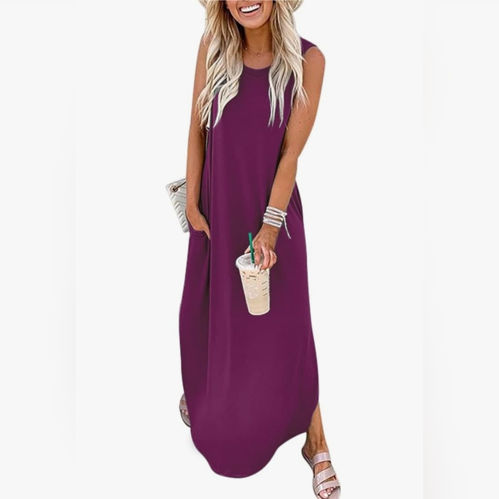Casual loose maxi dresses for women features crew neck, sleeveless, side split
